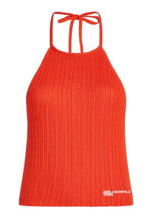 Top a fascia rossa con coste, spalline sottili e chiusura a fiocco al collo. Presenta un tessuto lavorato a maglia e dettagli con logo all'orlo.