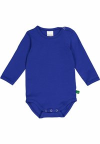 Bodysuit pour bébé à manches longues en coton bleu vif. Il dispose de fermetures à pression aux épaules et à la taille, avec une petite étiquette verte sur le côté.