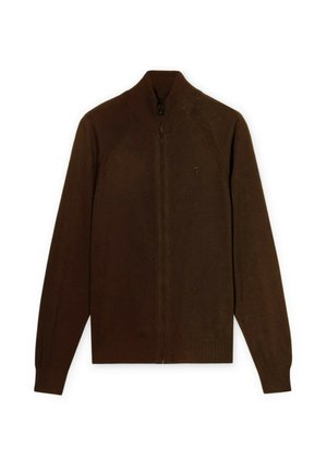 Brun trøje med lynlås hele vejen, høj ribstrikket krave, lange ærmer, ribstrikkede manchetter og kant samt lille broderet logo på venstre bryst.