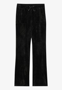 Svarta velourbyxor med en mjuk textur, bred bendesign, elastiskt midjeband, snörningsstängning och två framfickor.