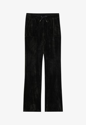 Black velour pants with a soft texture, wide leg design, elastic waistband, drawstring closure, and two front pockets.