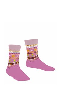 Rosa Socken mit gemusterten Bündchen, die Streifen in Rosa, Gelb und Weiß zeigen, akzentuiert durch geometrische und florale Designs.