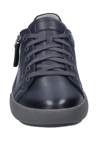 Marineblaue Leder-Sneaker mit grauer Gummisohle, Schnürung vorne und seitlichem Reißverschluss. Verfügt über eine glatte Oberfläche und dezentes Branding auf der Zunge.