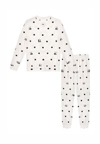 Pigiama a maniche lunghe in tessuto bianco con pois neri e illustrazioni di panda, dotato di vita elastica e polsini.