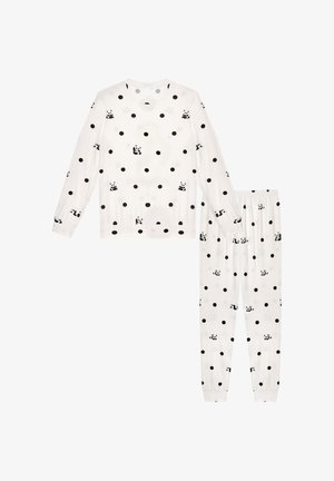 Long-sleeve pajama set in white fabric featuring black polka dots and panda illustrations, with elastic waistband and cuffs.