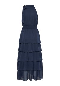 Robe sans manches bleu marine avec une bretelle sur une épaule, taille cintrée et jupe à volants superposés jusqu'à la cheville.