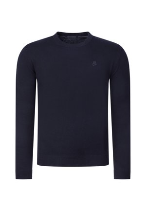 Jersey de punto azul marino de manga larga con cuello redondo y pequeño logo tonal en el pecho izquierdo.