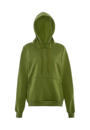 Felpa verde con cappuccio, maniche lunghe, tasca a marsupio frontale e coulisse sul cappuccio, mostrata su sfondo bianco.