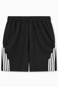 Schwarze Shorts mit elastischem Bund, ausgestattet mit zwei seitlichen Taschen und drei weißen Streifen an einer Seite. Das Material wirkt weich und strukturiert.