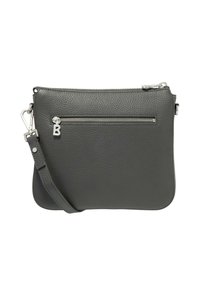 Grå läderaxelväska med en texturerad yta, en övre dragkedja och en framficka med dragkedja. Har en avtagbar rem och metallic-detaljer.