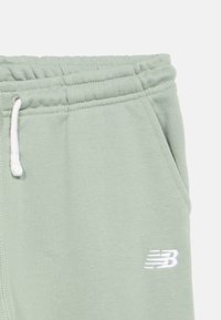 Svijetlozelene trenirke s elastičnim pojasom, bijelum vezicom, bočnim džepom i bijelim New Balance logom izvezenim blizu džepa.