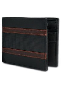 Black wallet made of leather with a textured surface, featuring brown striped accents and a zippered compartment. Compact and square shape.