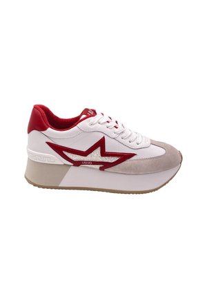 Witte sneaker met rode accenten en een getextureerde grijze suède neus. Voorzien van een rood sterrenlogo en een gevoerde tong. Dikke, beige rubberen zool.
