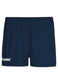 Navy blue athletic shorts made from lightweight fabric. Features an elastic waistband and a white logo on the left leg.