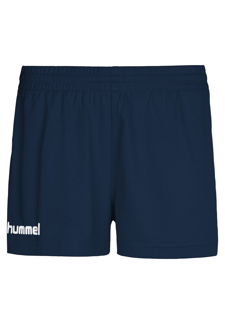 Navy blue athletic shorts made from lightweight fabric. Features an elastic waistband and a white logo on the left leg.