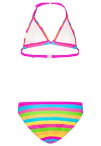 Haut de bikini triangle rose avec un bord multicolore et des bretelles ajustables. Le bas présente des rayures horizontales en rose, jaune, vert et bleu.
