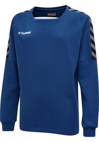 Felpa sportiva blu a maniche lunghe con collo a giro, strisce a zigzag nere e grigie sulle spalle e logo "hummel" bianco sul petto.