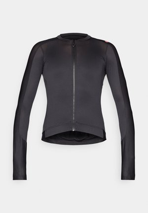 Lange schwarze Radjacke mit einem frontalen Reißverschluss, aus glattem, leichtem Stoff; verfügt über einen runden Kragen und ein tailliertes Design.