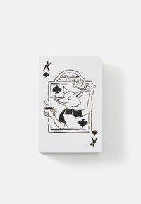 Playing card featuring a black and white illustration of a crowned character holding a coffee cup, with spade symbols and "Café Kitsuné" text.