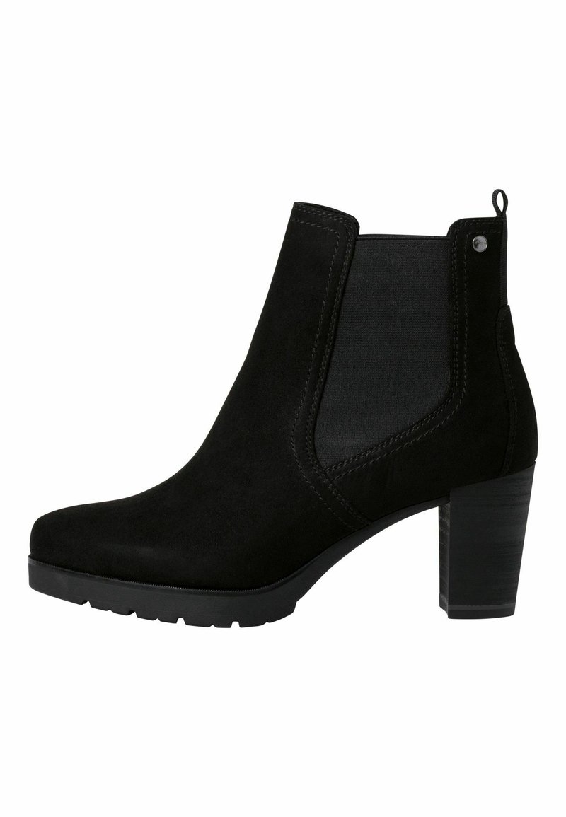 Bottine noire en suède avec talon bloc, panneau latéral élastique, languette à l'arrière et semelle texturée pour une bonne adhérence.