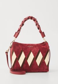 Red suede handbag featuring a braided top handle, diagonal cream and brown accents, and a detachable shoulder strap. Gold hardware.