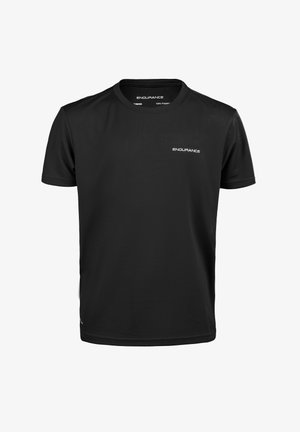 Sort polyester sports-t-shirt med korte ærmer, rund halsudskæring og et lille hvidt "ENDURANCE" logo på brystet. Glat tekstur.