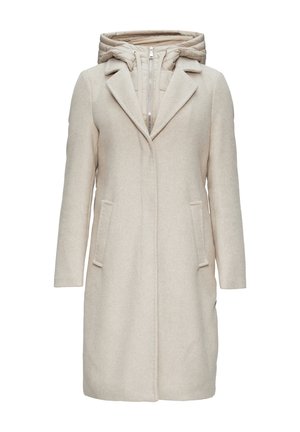 Beige wollen coat met een gestructureerd ontwerp, voorzien van een afneembare gewatteerde capuchon, twee zijzakken en een sluiting met één knop.