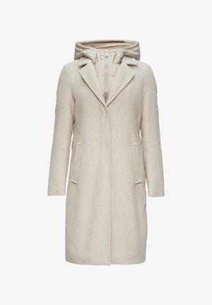 Beige wollen coat met een gestructureerd ontwerp, voorzien van een afneembare gewatteerde capuchon, twee zijzakken en een sluiting met één knop.