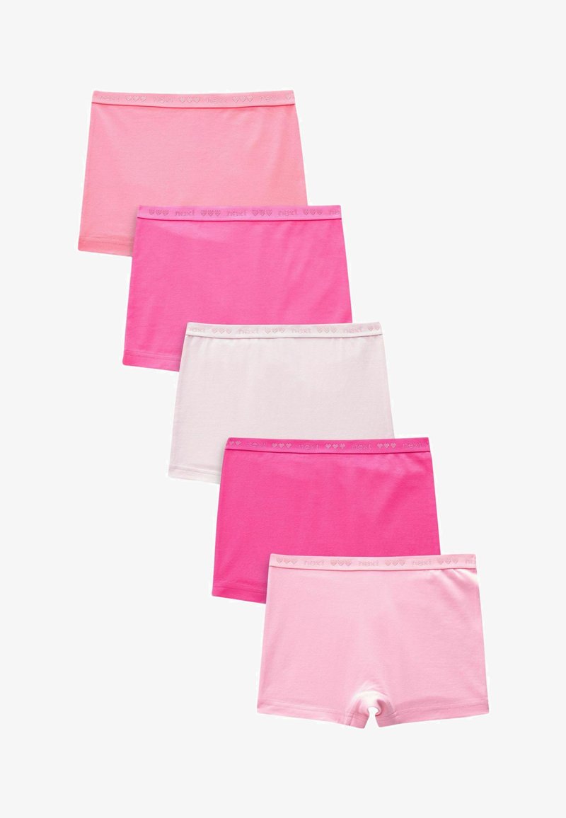 Pet parova pamučnih kratkih hlača u ružičastoj i bijeloj nijansi, s mekim pojasom s tekstom "next" i srcastim naglascima. Glatka tekstura, klasični kroj.