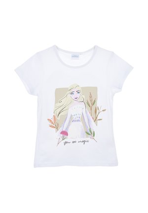 Witte katoen T-shirt met een kleurrijke illustratie van een personage met lang haar, bloemenaccenten en de tekst "je bent magie."