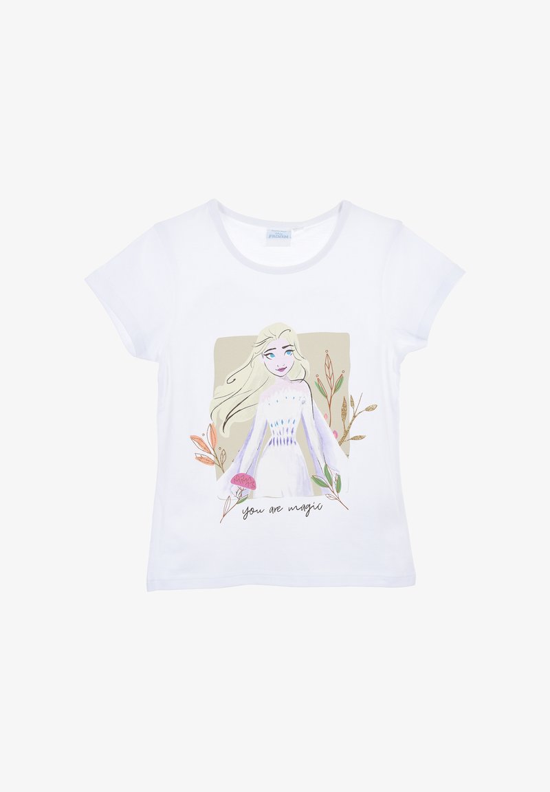 Camiseta de algodón blanca con una colorida ilustración de un personaje con cabello largo, acentos florales y el texto "tú eres magia."
