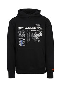 Zwarte hoodie met witte luchtvaart-thema graphics, waaronder gauges, een afbeelding van een vliegtuigmotor, een kaart van Keulen en de tekst "Sky Collection To Live Is To Fly."