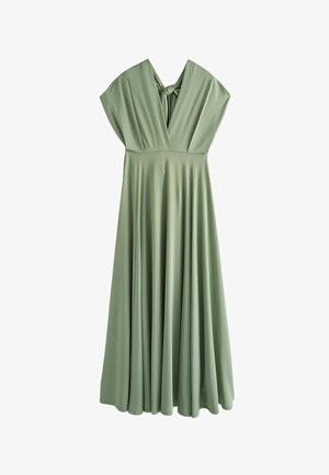 Green, flowing dress with short cap sleeves, a V-neck, and a gathered detail at the neckline. Smooth fabric, knee-length silhouette.