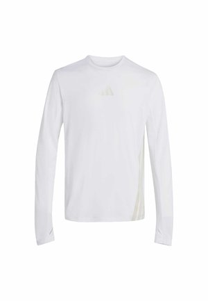 Camiseta deportiva blanca de manga larga hecha de material ligero, con un panel texturizado en las mangas y un logo sutil en el pecho.