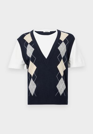 Navy short-sleeve vest with a white t-shirt underlayer. Features argyle pattern in gray, beige, and white. V-neck design.