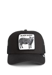 Black cap with mesh sides featuring a white rectangular patch displaying a sheep and the text "BLACK SHEEP." Adjustable back strap.