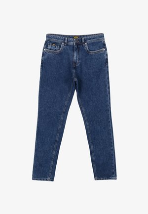 Granatowe dżinsy o wysokim stanie, z przodem na guzik i zamek, oraz pięcioma kieszeniami, leżące płasko na białym tle.