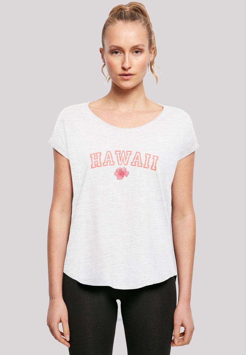 White, short-sleeve T-shirt with a scoop neck, featuring "HAWAII" and a pink flower graphic. Material appears soft and lightweight.