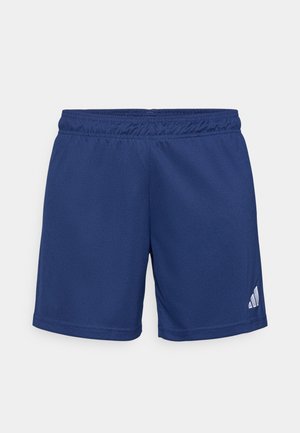 Navy blue athletic shorts made of smooth fabric, featuring an elastic waistband and a subtle white logo on the lower left side.
