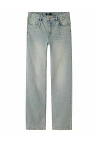 Jeans de denim azul claro con corte recto, diseño de cinco bolsillos y cierre de botón. Presentan áreas sutilmente deslavadas y detalles de costura.