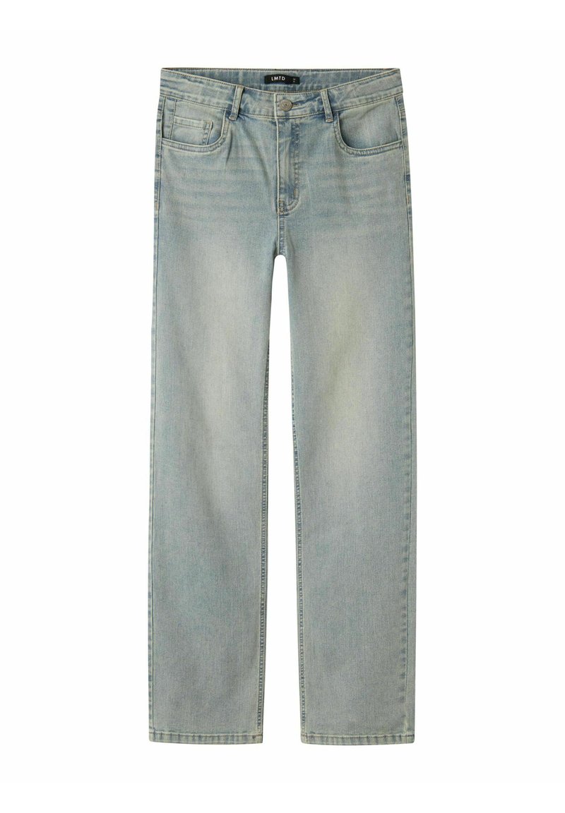Jeans de denim azul claro con corte recto, diseño de cinco bolsillos y cierre de botón. Presentan áreas sutilmente deslavadas y detalles de costura.