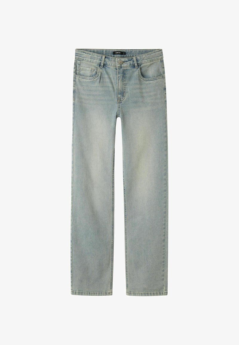 Svjetloplave traperice s ravnim nogavicama, dizajn s pet džepova i povezanjem na gumbe. Imaju suptilno izblijedjela područja i detalje šivanja.