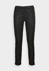 Svarta skinny jeans i slät och slick material med en mjuk yta; har knappstängning, framfickor och dragkedjor vid anklarna.
