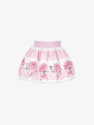 Rosa og hvit stripete skjørt med blomstermønster av roser, med en sateng midje med innpreget "MONNALISA". Flytende, lett stoff.