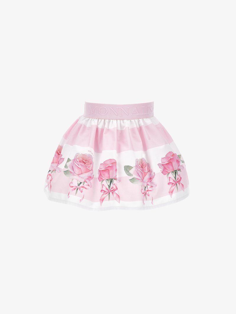 Gonna a righe rosa e bianche con stampa floreale di rose, con una vita in satin impreziosita dalla scritta "MONNALISA". Tessuto leggero e fluente.