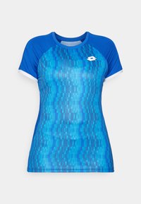 Blue athletic t-shirt with short sleeves, featuring a textured, abstract pattern in varying shades of blue and white accents on the sleeves.