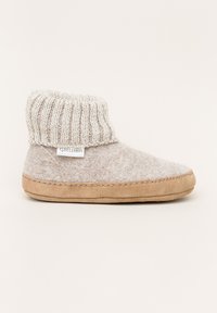 Wool slippers with a light gray body, ribbed knit cuff, and brown suede sole. Features a small label with the brand name on the side.