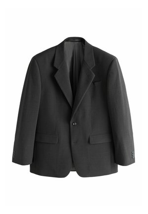 Schwarzer, einreihiger Herrenblazer mit gekerbtem Revers, zwei vorderen Pattentaschen, Brusttasche und knöpfbaren Manschetten, dargestellt vor weißem Hintergrund.