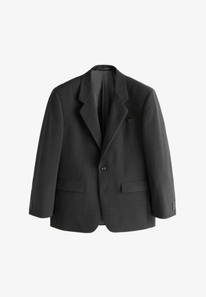 Schwarzer, einreihiger Herrenblazer mit gekerbtem Revers, zwei vorderen Pattentaschen, Brusttasche und knöpfbaren Manschetten, dargestellt vor weißem Hintergrund.