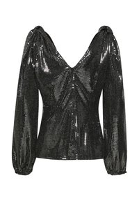 Top nero con paillettes, scollatura a V profonda e maniche lunghe voluminose. Caratterizzato da una silhouette aderente e dettagli arricciati sulle spalle.
